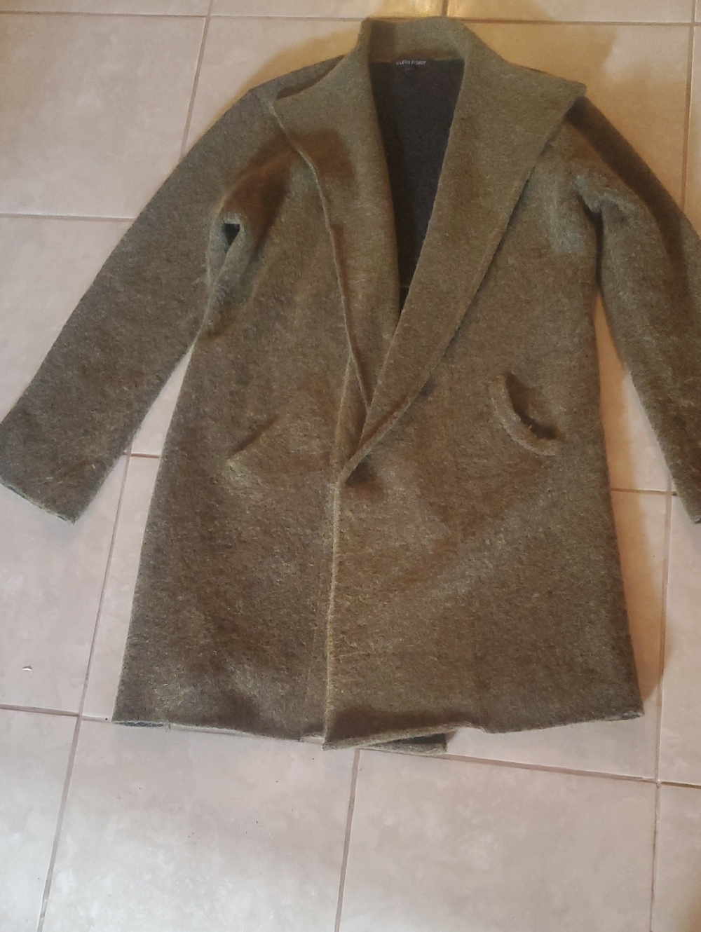 Eileen Fisher Olive Green Open-Front Wool Blend Coat